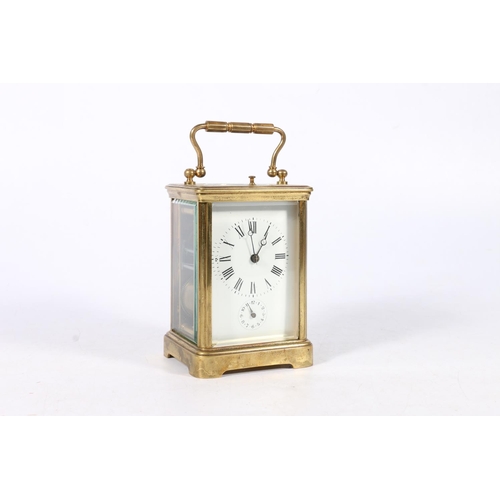 295 - French brass repeater carriage clock with lever escapement, the dial with alarm subsidiary, 17cm to ... 