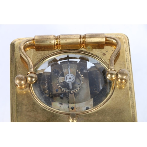 295 - French brass repeater carriage clock with lever escapement, the dial with alarm subsidiary, 17cm to ... 