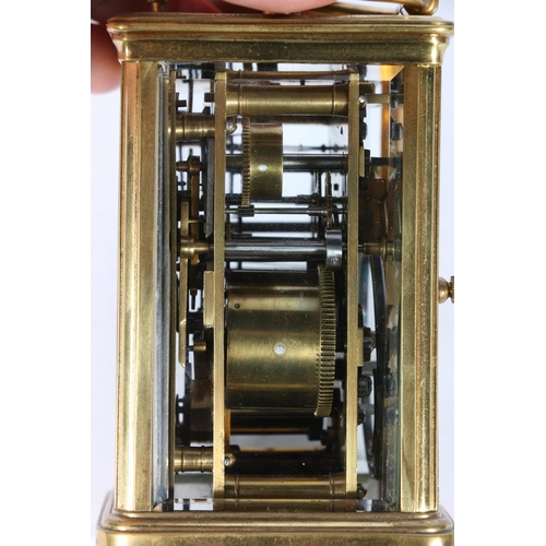 295 - French brass repeater carriage clock with lever escapement, the dial with alarm subsidiary, 17cm to ... 