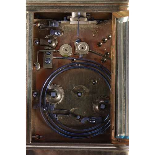 295 - French brass repeater carriage clock with lever escapement, the dial with alarm subsidiary, 17cm to ... 