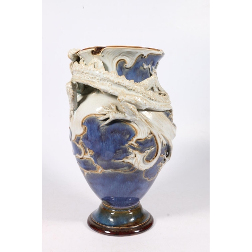 298 - Mark V Marshall for Royal Doulton, a stoneware baluster vase in the Chinese style with relief dragon... 