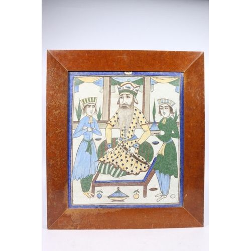 306 - Large Iznik Persian painted pottery tile depicting a king? with Mameluke sword sat with two attendan... 