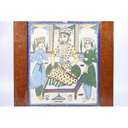 306 - Large Iznik Persian painted pottery tile depicting a king? with Mameluke sword sat with two attendan... 