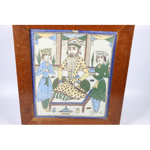 306 - Large Iznik Persian painted pottery tile depicting a king? with Mameluke sword sat with two attendan... 