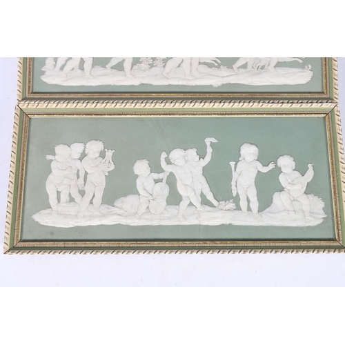 308 - Pair of Wedgwood green jasper ware panels depicting cherubs hunting and cherub musicians, each panel... 