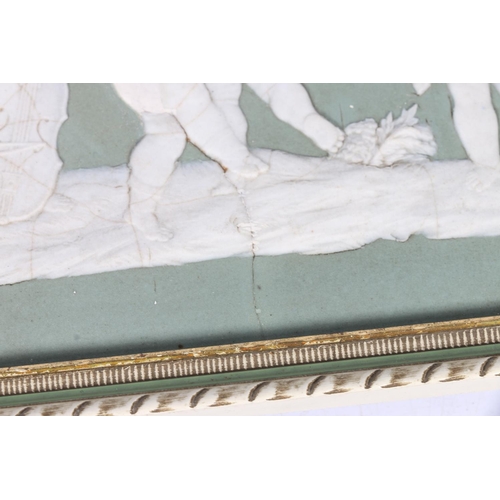 308 - Pair of Wedgwood green jasper ware panels depicting cherubs hunting and cherub musicians, each panel... 