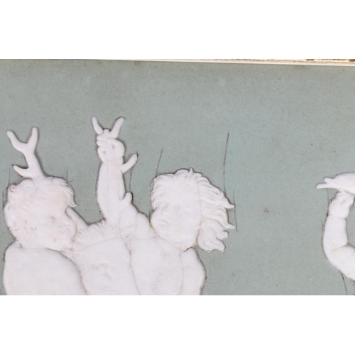 308 - Pair of Wedgwood green jasper ware panels depicting cherubs hunting and cherub musicians, each panel... 