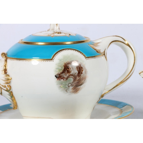 316 - John Mortlock Mintons blue and white porcelain teapot decorated with hand painted vignette of a dog,... 