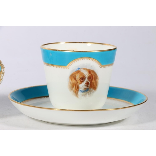 316 - John Mortlock Mintons blue and white porcelain teapot decorated with hand painted vignette of a dog,... 