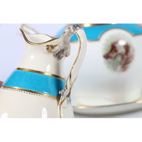 316 - John Mortlock Mintons blue and white porcelain teapot decorated with hand painted vignette of a dog,... 