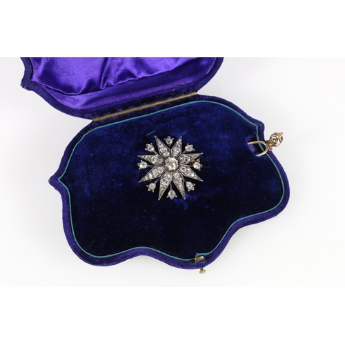113 - Victorian diamond star brooch, circa 1890, the central diamond approx. 1ct, surrounded by forty-eigh... 