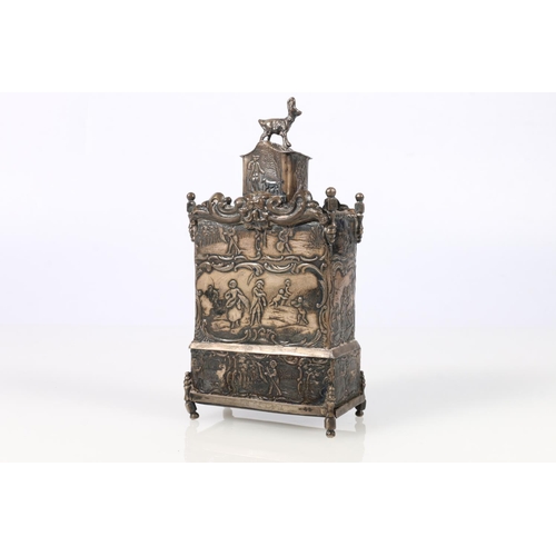 63 - Antique Dutch silver tea caddy of rectangular form, the finial in the form of a ram, the body decora... 