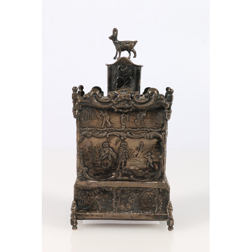 63 - Antique Dutch silver tea caddy of rectangular form, the finial in the form of a ram, the body decora... 