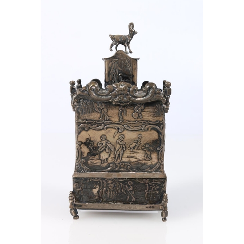 63 - Antique Dutch silver tea caddy of rectangular form, the finial in the form of a ram, the body decora... 