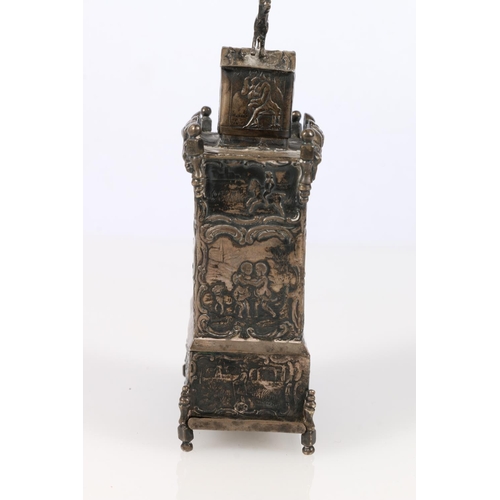 63 - Antique Dutch silver tea caddy of rectangular form, the finial in the form of a ram, the body decora... 