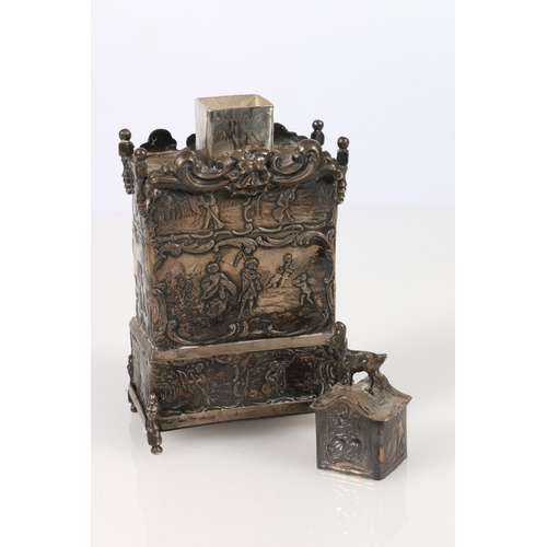 63 - Antique Dutch silver tea caddy of rectangular form, the finial in the form of a ram, the body decora... 