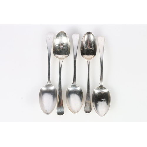 68 - Three Georgian silver table spoons of Old English pattern, makers marks rubbed, London, 1808, a silv... 