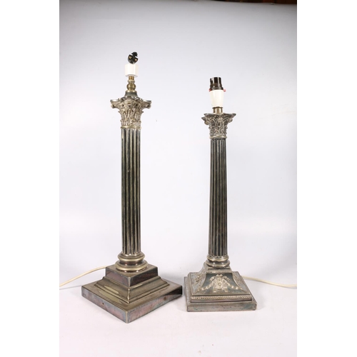 73 - Two silver plated Corinthian column electric table lamps, 55cm and 52cm tall. (2)