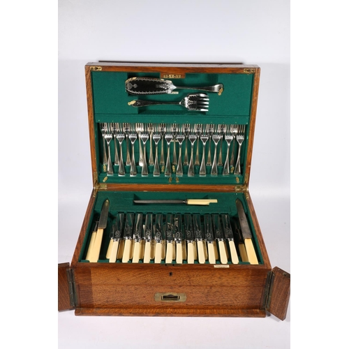 74 - Mappin and Webb silver plated suite of oar pattern flatware including fish servers, carving set, sou... 