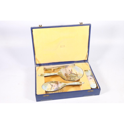 77 - George VI silver and enamel dressing table set, the enamelled reverse with design of mallard duck in... 