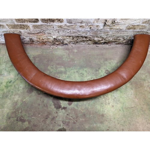 484 - Demi lune fire fender with brown leather top on diamond pierced base, internal measurements 115w x 5... 