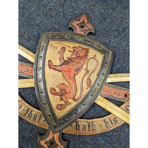 291 - E & T Smith of Sheffield painted cast metal building plaque with central shield bearing lion ram... 