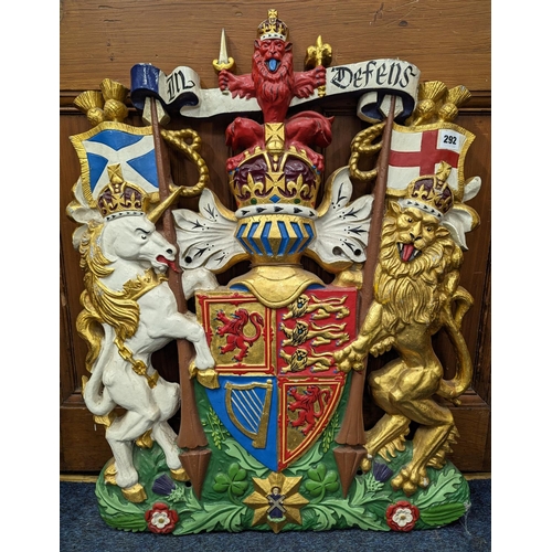 292 - Cast and painted metal plaque in the form of the Royal Scottish coat of arms, bears the mottos 'In D... 