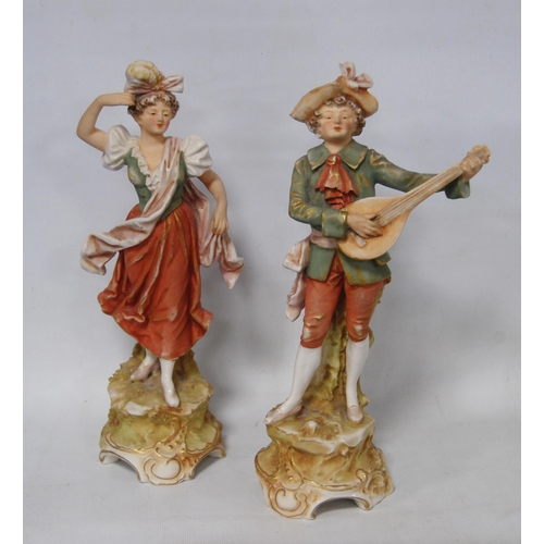 237 - Pair of Royal Dux figures modelled as a young gentleman in 18th century-style garb playing a lute, o... 