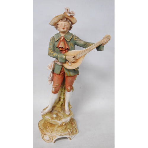 237 - Pair of Royal Dux figures modelled as a young gentleman in 18th century-style garb playing a lute, o... 