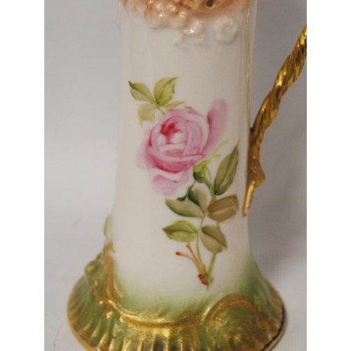 240 - Pair of Nautilus Porcelain jugs (Possil Pottery, Glasgow) decorated with pierced panels and roses on... 