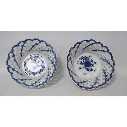 247 - Near pair of 18th century English porcelain circular dishes, c. 1770, with lattice decoration, flora... 