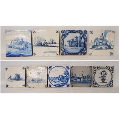 249 - Nine assorted 18th century blue and white Delft tiles to include palace and shipping scenes, 12.5cm ... 