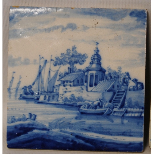 249 - Nine assorted 18th century blue and white Delft tiles to include palace and shipping scenes, 12.5cm ... 