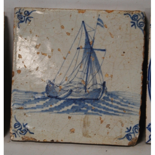 249 - Nine assorted 18th century blue and white Delft tiles to include palace and shipping scenes, 12.5cm ... 