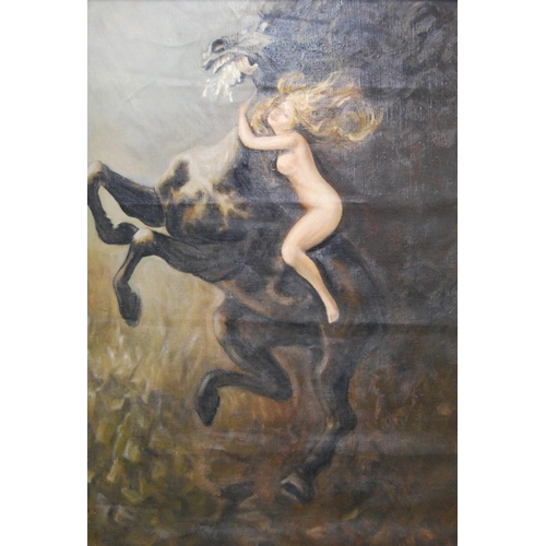 348 - 20th Century Continental SchoolMythical female nude on a rearing horseOil on board, 97cm x 68cm.... 