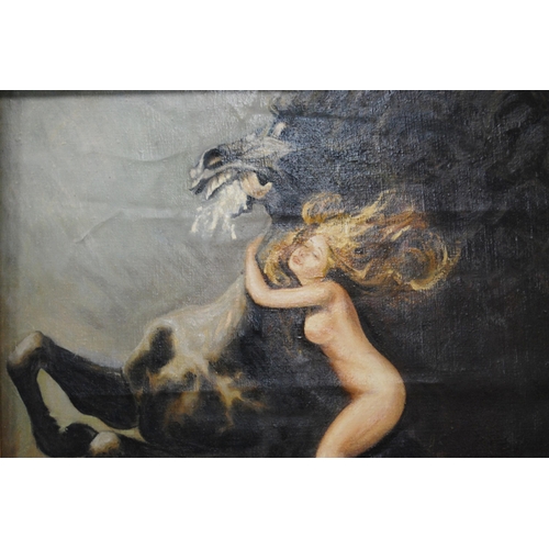 348 - 20th Century Continental SchoolMythical female nude on a rearing horseOil on board, 97cm x 68cm.... 