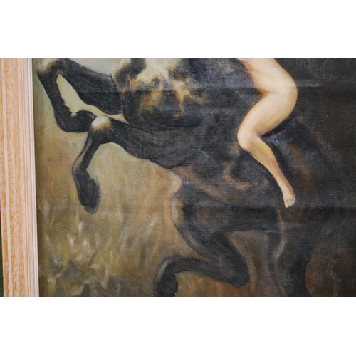 348 - 20th Century Continental SchoolMythical female nude on a rearing horseOil on board, 97cm x 68cm.... 