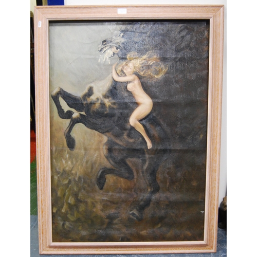 348 - 20th Century Continental SchoolMythical female nude on a rearing horseOil on board, 97cm x 68cm.... 