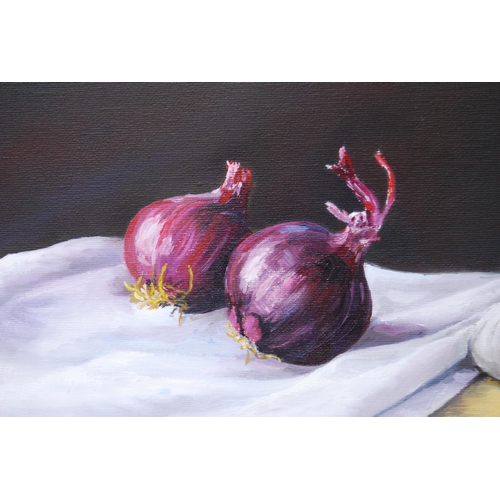 353 - Jane B Gibson (Scottish, b. 1954)Still life of red onions and garlic bulbsSigned, gouache, 18.5cm x ... 