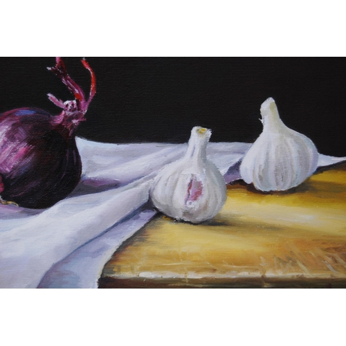 353 - Jane B Gibson (Scottish, b. 1954)Still life of red onions and garlic bulbsSigned, gouache, 18.5cm x ... 