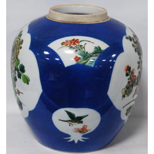 172 - 19th century Chinese famille verte ginger jar with floral panels, birds and wreaths on a powder blue... 