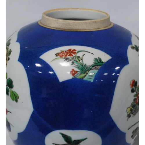 172 - 19th century Chinese famille verte ginger jar with floral panels, birds and wreaths on a powder blue... 