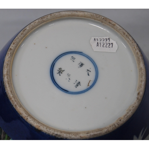 172 - 19th century Chinese famille verte ginger jar with floral panels, birds and wreaths on a powder blue... 