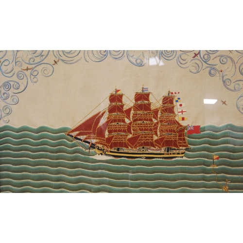 209 - Victorian woolwork embroidery depicting a masted ship flying the Red Duster and other pennants, 59.5... 