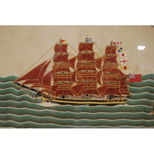 209 - Victorian woolwork embroidery depicting a masted ship flying the Red Duster and other pennants, 59.5... 