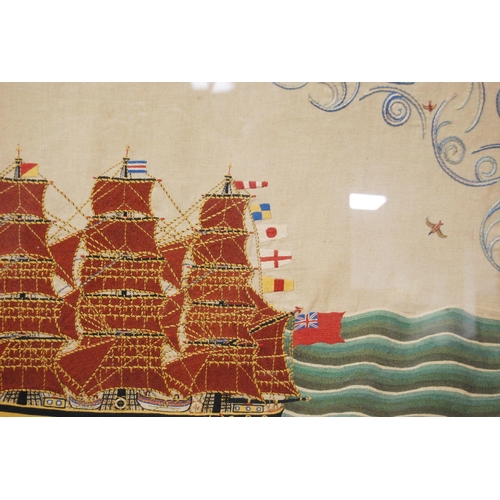 209 - Victorian woolwork embroidery depicting a masted ship flying the Red Duster and other pennants, 59.5... 