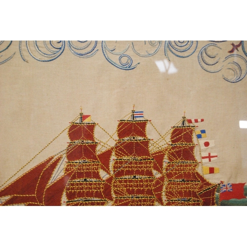 209 - Victorian woolwork embroidery depicting a masted ship flying the Red Duster and other pennants, 59.5... 