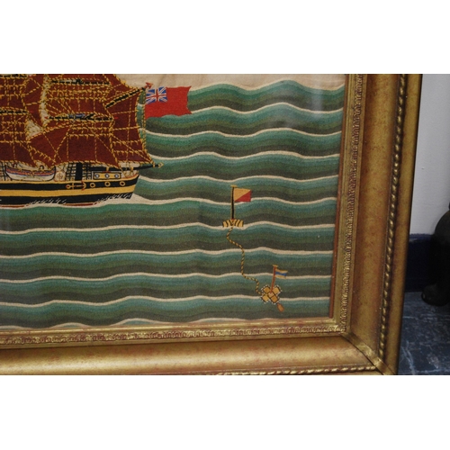 209 - Victorian woolwork embroidery depicting a masted ship flying the Red Duster and other pennants, 59.5... 