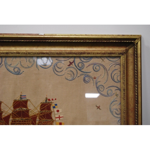 209 - Victorian woolwork embroidery depicting a masted ship flying the Red Duster and other pennants, 59.5... 