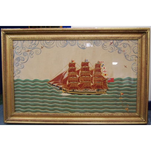 209 - Victorian woolwork embroidery depicting a masted ship flying the Red Duster and other pennants, 59.5... 